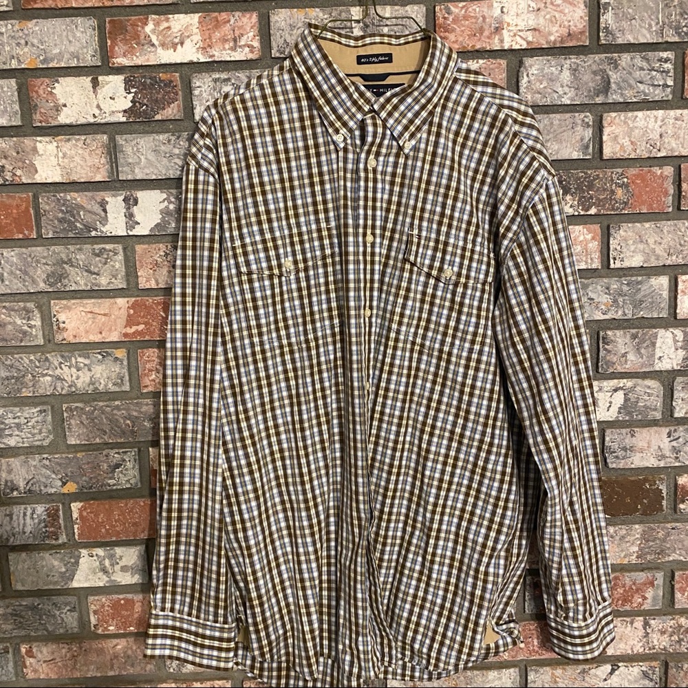 TOMMY HILFIGER BROWN BLUE WHIT PLAID DRESS BUTTON UP SHIRT